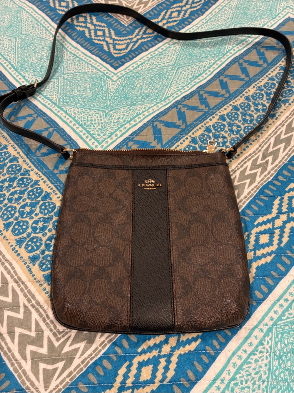 Coach Brown Signature Crossbody with Black Center Stripe